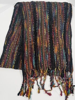 Black Multicolor Textured Scarf Metallic Thread Fringe 70 Inch